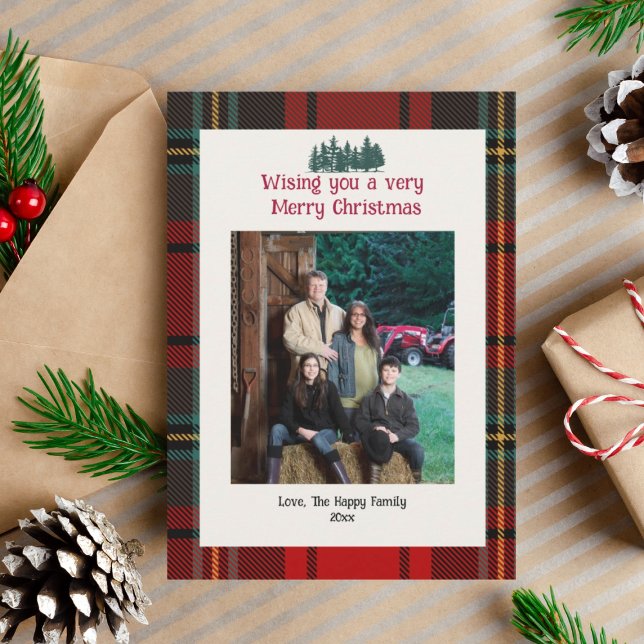 RedTartan Plaid Photo Merry Christmas Card (Red tartan plaid with green forest of trees. Personalize your own photo and family name.
)