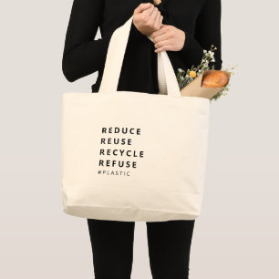 REDUCE REUSE RECYCLE REFUSE PLASTIC Eco-Friendly Large Tote Bag