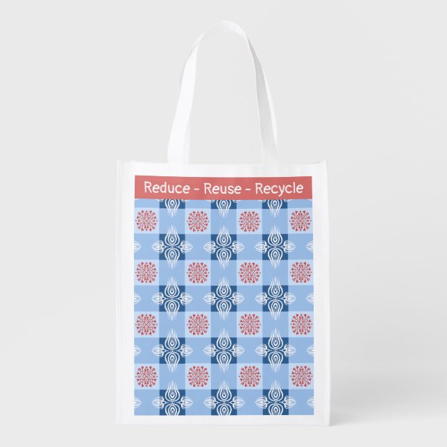 Reduce reuse recycle symmetric hearts blue grocery bag (Front)