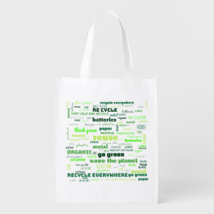 Reduce, Reuse, Recycle Word Cloud Reusable Grocery Bag