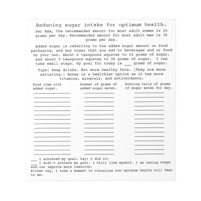 Reducing sugar intake tips daily sugar tracker log notepad (Front)