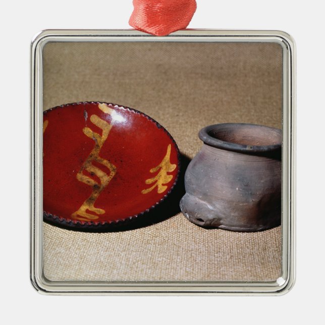 Redware cup and dish, c.1780 metal ornament (Front)