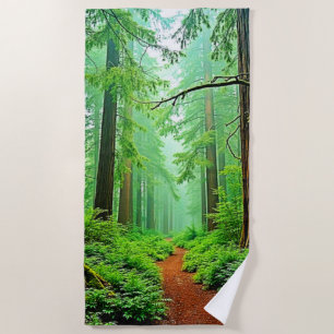 Redwood Forest Misty Tranquility Design Beach Towel
