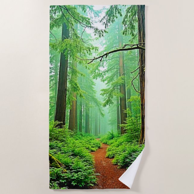 Redwood Forest Misty Tranquility Design Beach Towel (Front)
