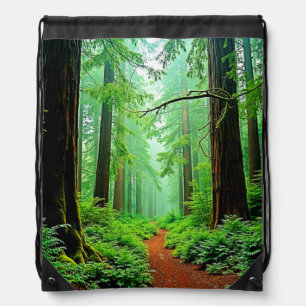 Redwood Forest Misty Tranquility Design Drawstring Bag