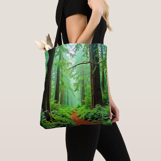 Redwood Forest Misty Tranquility Design Tote Bag (Close Up)