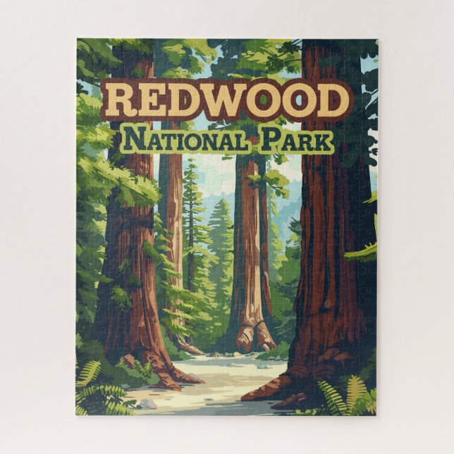 Redwood National Park California Tree Retro Jigsaw Puzzle (Vertical)