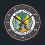 Redwood National Park Chandelier Tree Badge Round Clock<br><div class="desc">Redwood vector artwork design. The park protects vast prairies,  oak woodlands,  wild rivers,  and 40 miles of rugged coastline.</div>
