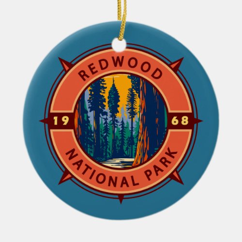 Redwood National Park Retro Compass Emblem Ceramic Ornament
