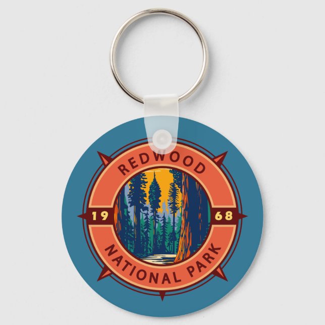 Redwood National Park Retro Compass Emblem Keychain (Front)