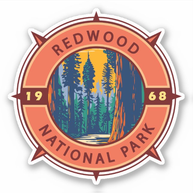 Redwood National Park Retro Compass Emblem  Sticker (Front)