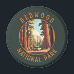 Redwood National Park Retro Distressed Circle Magnet<br><div class="desc">Redwood vector artwork design. The park protects vast prairies,  oak woodlands,  wild rivers,  and 40 miles of rugged coastline.</div>