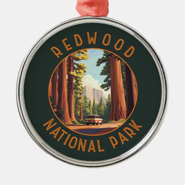 Redwood National Park Retro Distressed Circle Metal Ornament (Front)