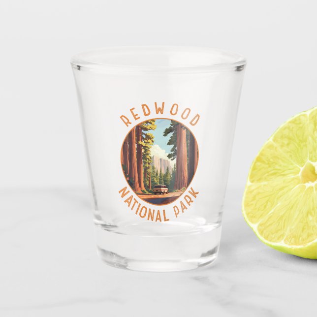 Redwood National Park Retro Distressed Circle Shot Glass (Front)