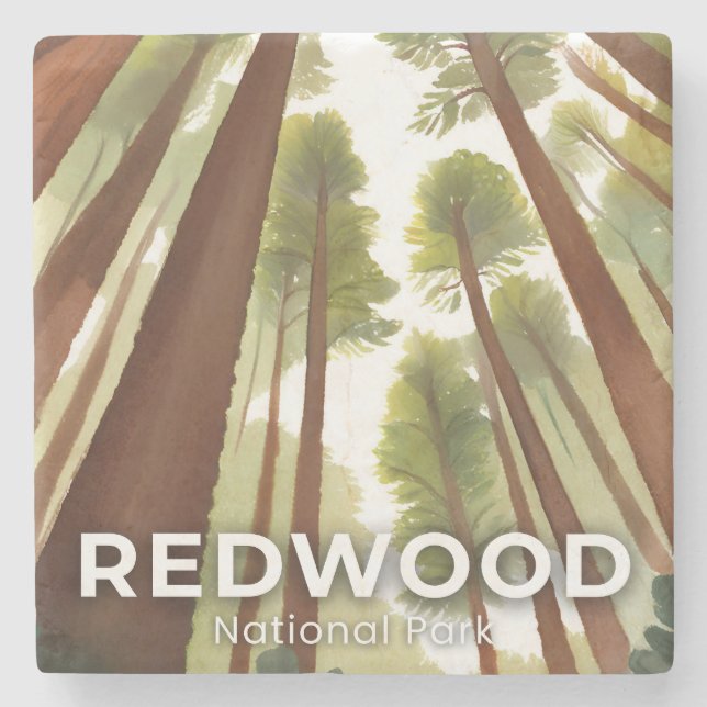 Redwood Trees | National Park Watercolor Travel Stone Coaster (Front)