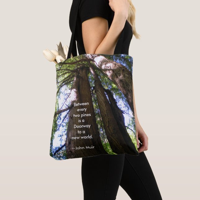 Redwood Trees with Muir Quote Tote Bag (Close Up)