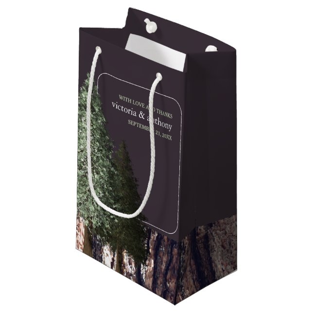 Redwoods & Bark, Rustic Wedding Favor Small Gift Bag (Front Angled)