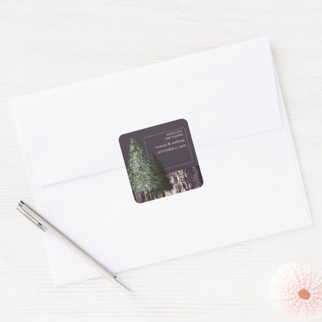 Redwoods & Bark, Rustic Wedding Thank You Square Sticker (Envelope)