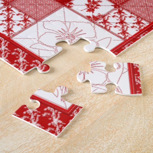 Redwork Floral Quilt Jigsaw Puzzle