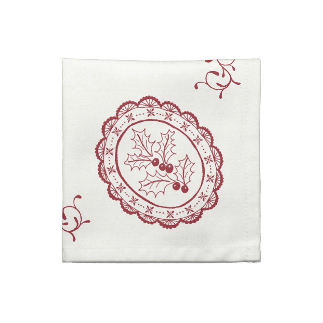 Redwork Holly Napkin – Dinner or Cocktail Size (Quarter Fold)