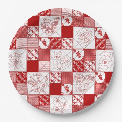 Redwork Stitched Flowers Quilt_Paper Party Plates