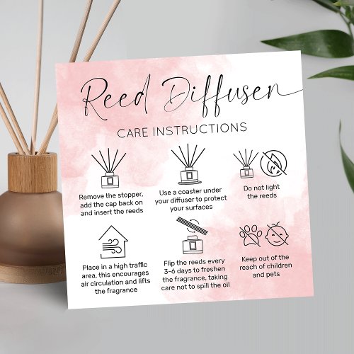 Reed Diffuser Care Guide Elegant Pink Watercolor Square Business Card