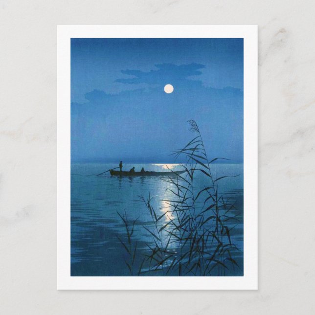 Reed Lake and Full Moon, Koho Shoda, Woodcut Postcard (Front)