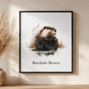 Reedside Beaver Watercolor Metal Print
