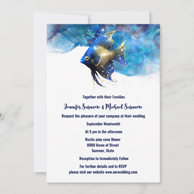 Reef island angel fish 3D blue gold Invitation (Front)