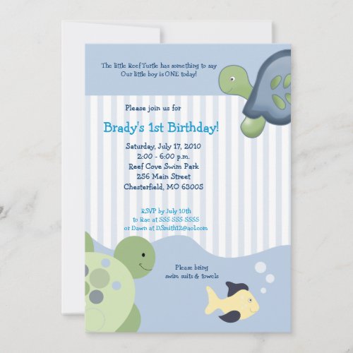 REEF TURTLE  Fish 5x7 Custom Birthday Invitation