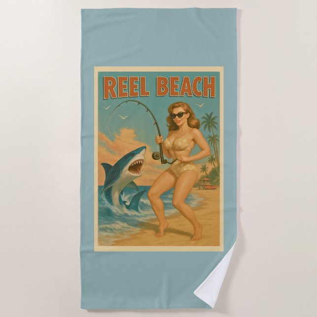 Reel Beach Shark Fishing Pin-Up Retro Blue Coastal Towel (Front)