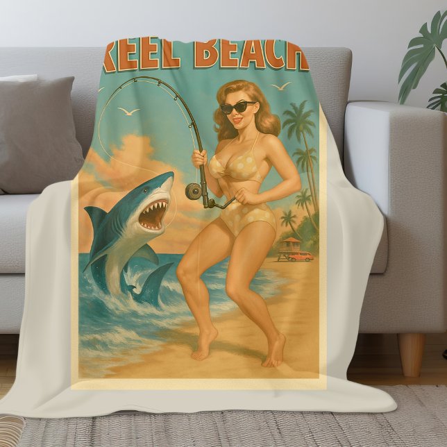 Reel Beach Shark Fishing Pin-Up Retro Coastal Life Fleece Blanket (Creator Uploaded)