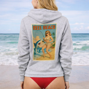Reel Beach Shark Fishing Pin-Up Retro Coastal Life Hoodie