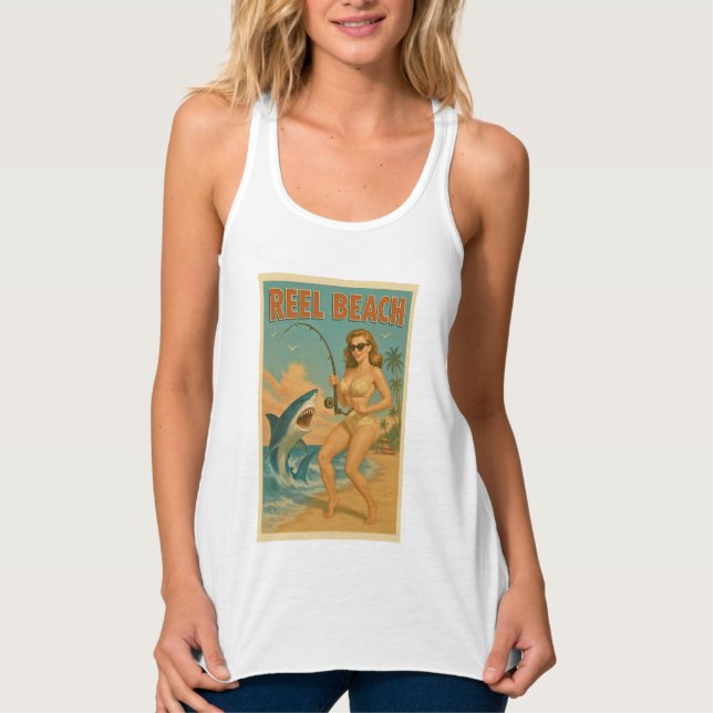 Reel Beach Shark Fishing Pin-Up Retro Coastal Life Tank Top (Front)