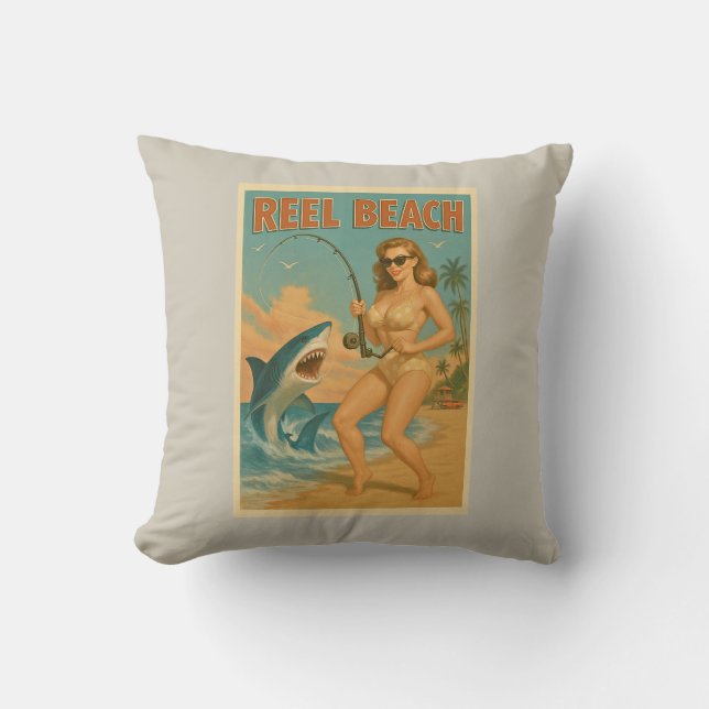 Reel Beach Shark Fishing Pin-Up Retro Coastal Life Throw Pillow (Front)