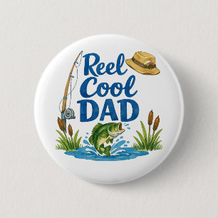 Reel Cool Dad Funny Fishing Pun Watercolor Art Button