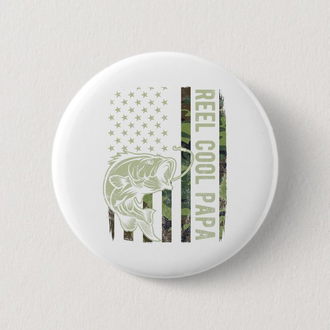 Reel Cool Papa Camouflage American Flag Fathers Da Button (Front)