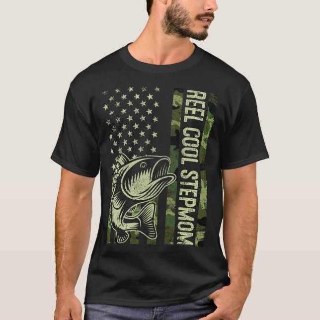 Reel Cool Stepmom Camouflage American Flag Fishing T-Shirt (Front)