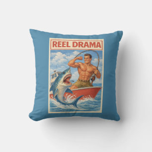 Reel Drama Shark Fisherman   Funny Retro Boating Throw Pillow