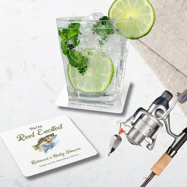 Reel Excited Big Fish Fisherman Baby Shower Square Paper Coaster (Creator Uploaded)