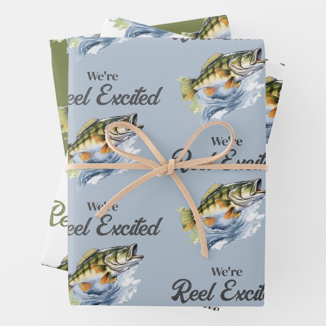 Reel Excited Big Fish Fisherman Baby Shower Wrapping Paper Sheets (In situ)