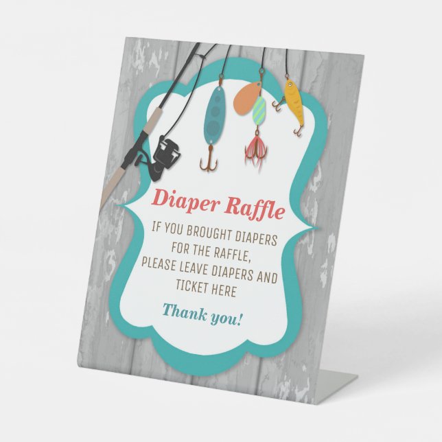 Reel Excited Fishing Baby Shower Diaper Raffle Pedestal Sign (Front)
