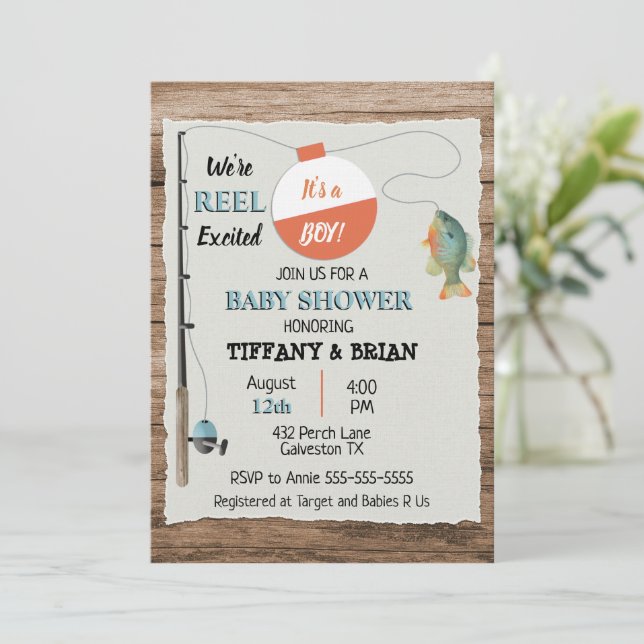 Fishing baby shower, boy rustic Reel excited Invitation, Zazzle