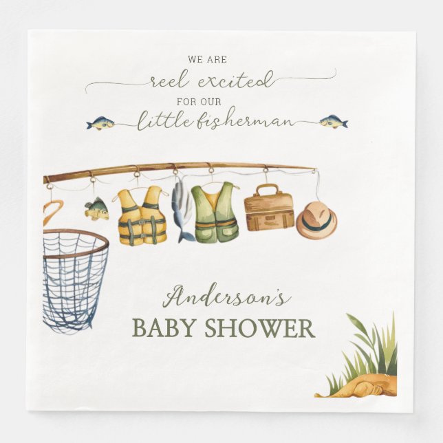 Reel Excited Little Fisherman Fishing Baby Shower  Paper Dinner Napkins (Front)