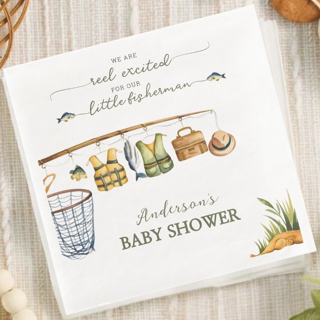 Reel Excited Little Fisherman Fishing Baby Shower  Paper Dinner Napkins (Creator Uploaded)