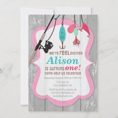 Reel Excited Pink Girl Fishing Birthday Invitation