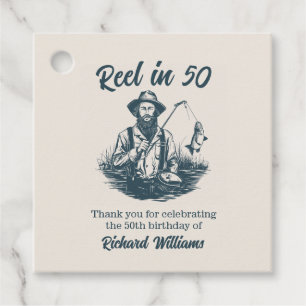 Reel in 50 Vintage Fisherman at Lake 50th Birthday Favor Tags