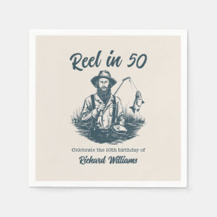 Reel in 50 Vintage Fisherman at Lake 50th Birthday Napkins