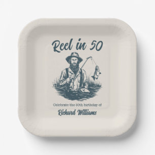 Reel in 50 Vintage Fisherman at Lake 50th Birthday Paper Plates