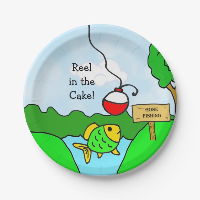 Reel in the Cake, Fishing Themed Birthday Party Paper Plates (Front)